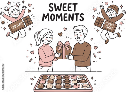 Romantic Couple Exchanging Chocolate Gift with Sweet Moments