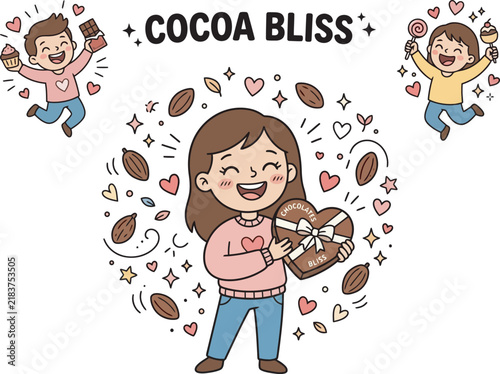 Cocoa Bliss Cute Girl Holding Chocolate Gift with Hearts