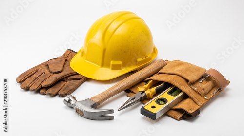 Yellow hard hat with leather work gloves and construction tools on white background.