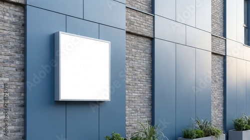 Blank square signage on a modern blue building exterior for branding advertisement.