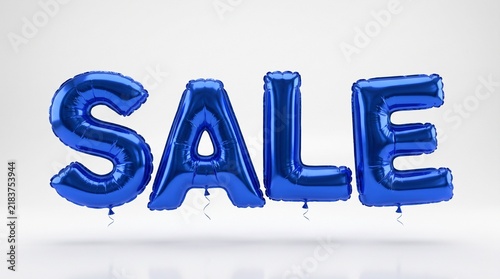 Glossy blue foil balloons forming the word sale against a plain white background.