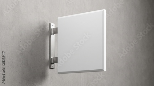 Empty white square wall sign mounted on a textured concrete surface for branding.