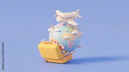 A cute 3D airplane and globe emerging from a travel suitcase for global tourism.