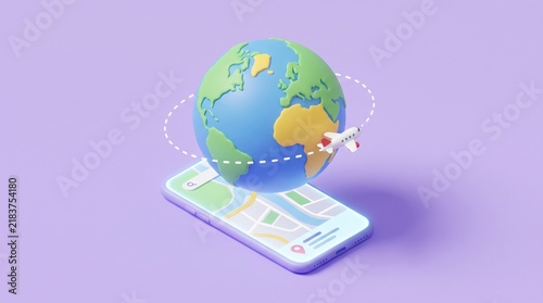 A toy airplane flies around the globe above a smartphone map for travel.
