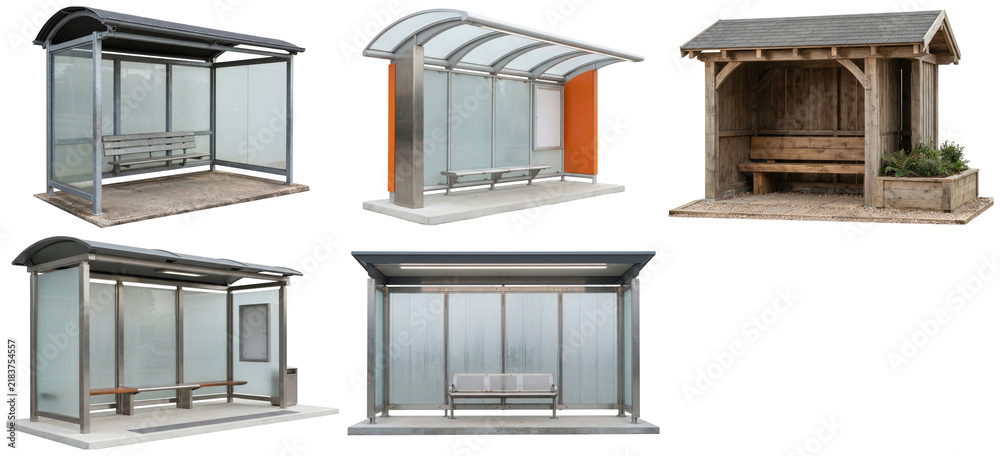 Obraz premium A set of modern and rustic bus stop shelters with glass, steel, and wood details.