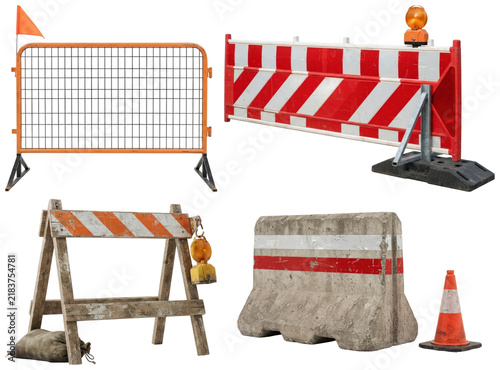 Canvastavla A set of temporary road barricades and construction barriers in varied styles and materials