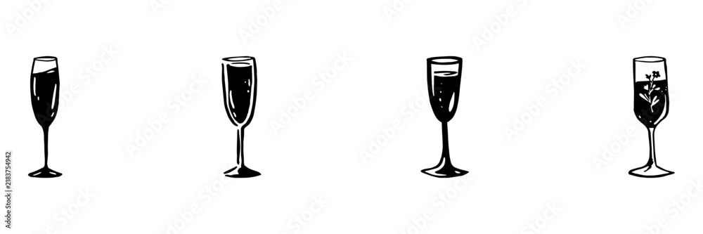 Obraz premium Wine Glasses In Hand Drawn Style Set. Beverage Doodle Sketch Collection. Perfect For Restaurant Menus And Event Invitations. Isolated Vector Illustration
