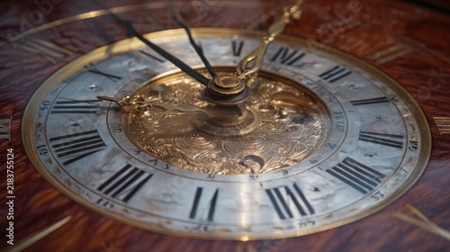 A close-up shot of an antique grandfather clock resting on a dark, polished wooden surface.