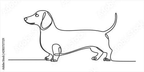 Continuous single line drawing of a cute dachshund dog standing in side view profile
