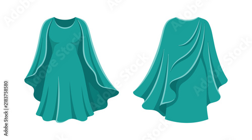 Stylish Emerald Green Cape Gown with Elegant Pleats and Fluid Silhouette Front and Back View for Apparel Design