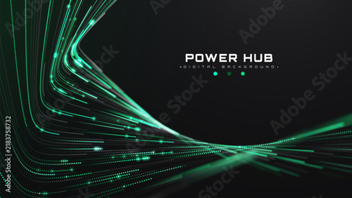 Smart Power Hub Data Center Transfer With Abstract Dark Green Space Background And Cyber Technology Network System Fast Speed Glow Light Dot Particle Curve Line Graphic Art. Vector Illustration.