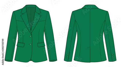 Professional Green Women Blazer Jacket Technical Flat Sketch Fashion Template with Front and Back View Details