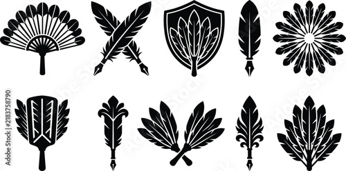 Black feather and quill silhouette collection featuring decorative plumes, crossed feathers, shields, and ornamental designs