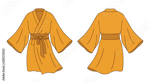 Orange Japanese Style Kimono Bathrobe Illustration with Belt Front and Back View for Fashion Design and Mockup