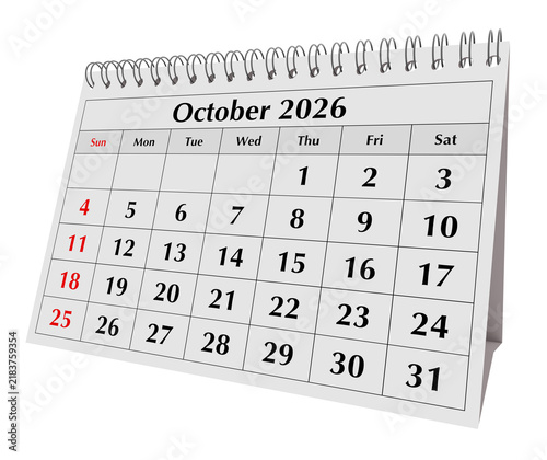 October 2026 annual desk calendar page isolated on transparent png