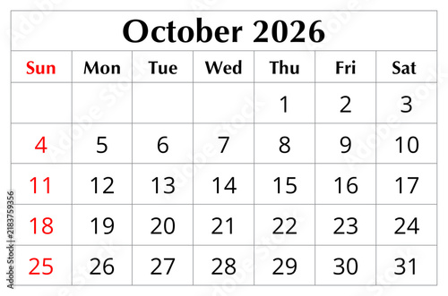 October 2026 English monthly calendar page isolated on transparent PNG