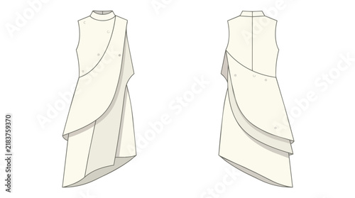 Modern Sleeveless Asymmetrical Layered Dress Technical Fashion Flat Sketch Illustration for Women Front and Back View