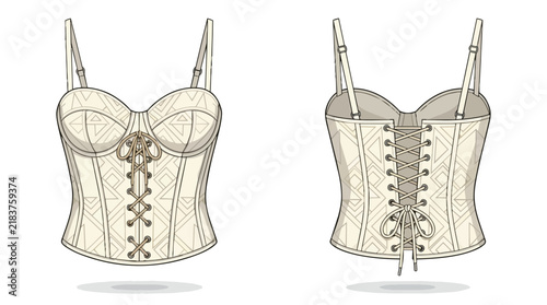 Women Sweetheart Neckline Bustier Corset Top with Lace Detail and Geometric Pattern Fashion Technical Sketch