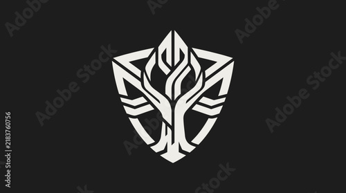 Geometric tree emblem inside shield outline.