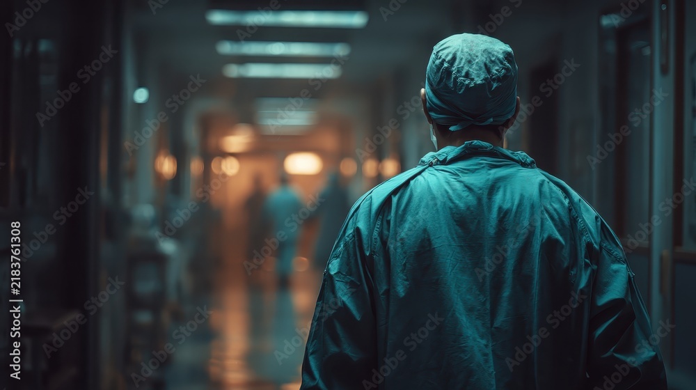 Fototapeta premium Doctor in teal scrubs walks away down a dimly lit hospital hallway. Perfect for depicting dedication, healthcare challenges, or hospital life.