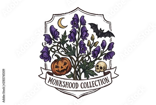 Hand-Drawn Monkshood Flower Vector Set - Halloween Botanical Art