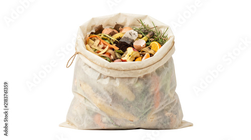 Foto Organic food scraps in biodegradable fabric compost bag