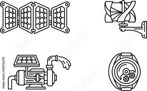 Folding Solar Panel Vertical Axis Wind Turbine Pump Watch Line Art Icons