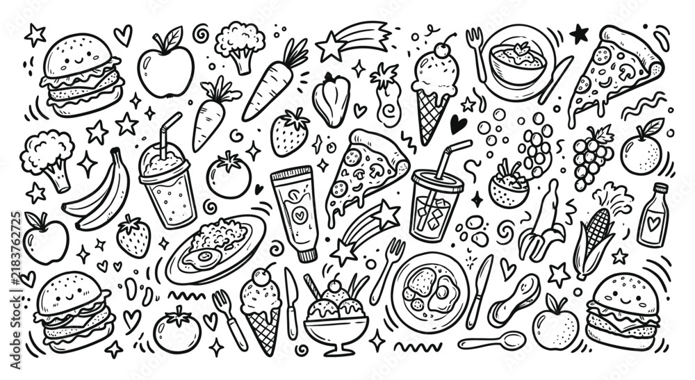 Fototapeta premium Assorted hand drawn food and beverage doodle icons collection