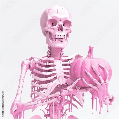 Pink Human Skeleton Holding a Dripping Pastel Pumpkin for Halloween Art Concept