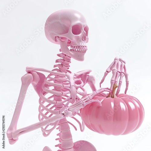3D Illustration of a Stylized Pink Skeleton Holding a Pastel Pink Pumpkin for Cute Halloween Concept