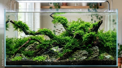 A beautifully arranged aquarium with a variety of aquatic plants and fish.
