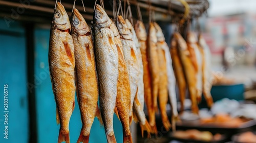 Smoked fish hanging on hooks in a row, drying in a traditional market setting.
