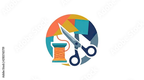 Crafting and sewing logo icon with scissors and thread spool for creative design projects