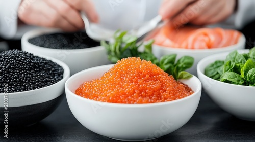 Bowls of black and orange caviar with fresh green herbs and slices of salmon in the background, showcasing luxury seafood delicacies.