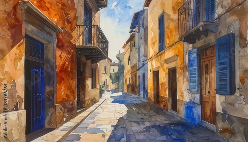 Charming narrow European street lined with rustic old buildings painted in a vibrant watercolor style with sunny shadows