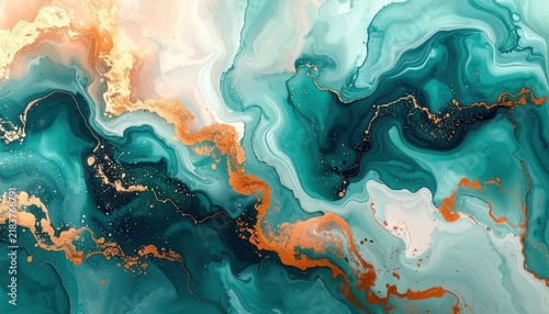 Vibrant fluid art background featuring mesmerizing swirling teal and deep blue tones accented with shimmering golden veins