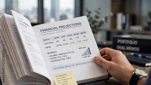 A person's hand holds a flipbook showing detailed financial projections and strategic key metrics for a 5-year business forecast.