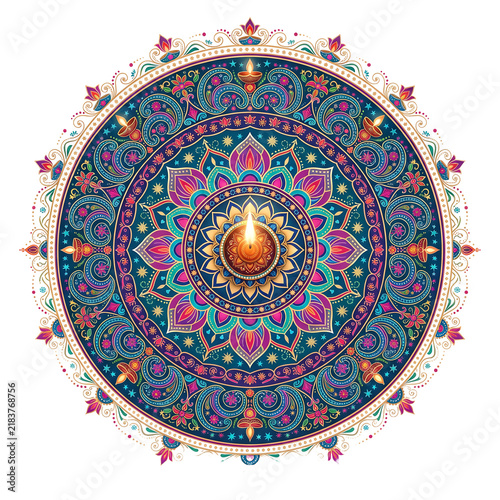 Colorful indian diwali mandala design with lit diya lamp isolated on transparent background