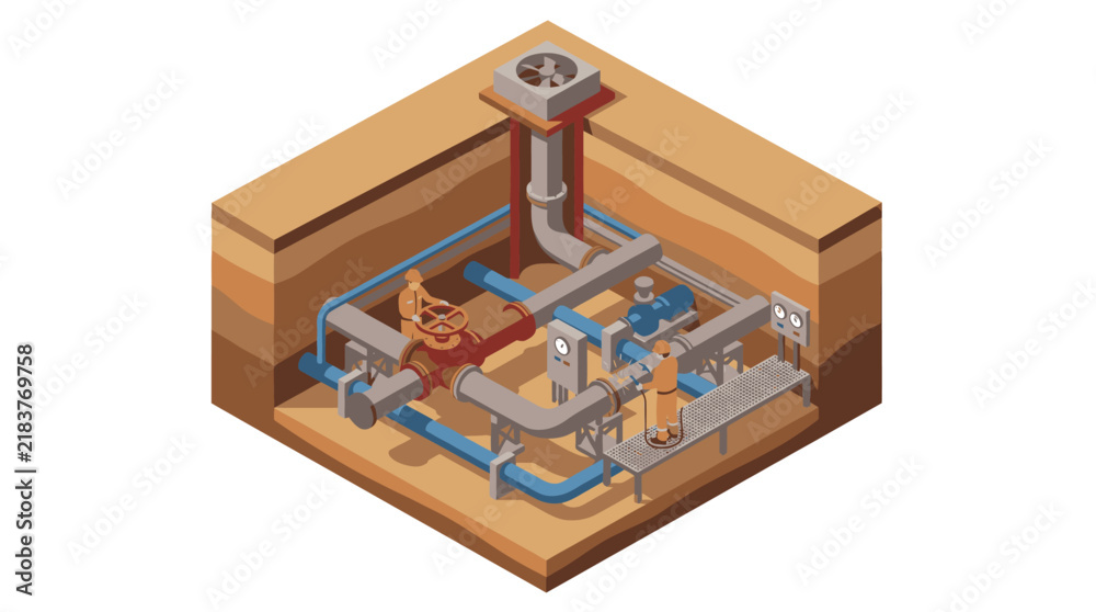Fototapeta premium Minimalist Isometric of Underground HVAC and Plumbing System with Pipes Valves and Fan Unit with high quality professional line art symbols for modern creative design and digital branding projects