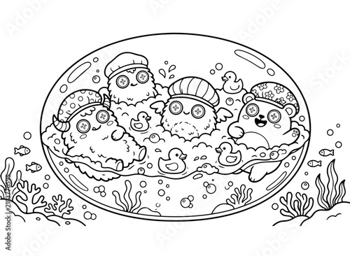 Принти на полотні Cute monsters in a bubble bath coloring page for kids with rubber ducks and unde