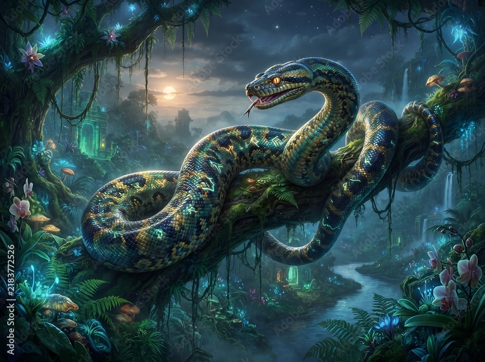 Obraz premium Giant magical anaconda resting in an enchanted forest