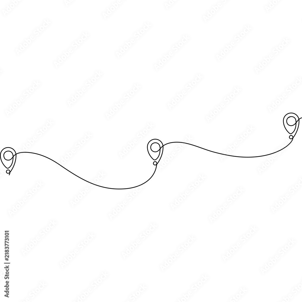 Obraz premium Line pin marks destination. Continuous winding route path. Vector illustration isolated on white.