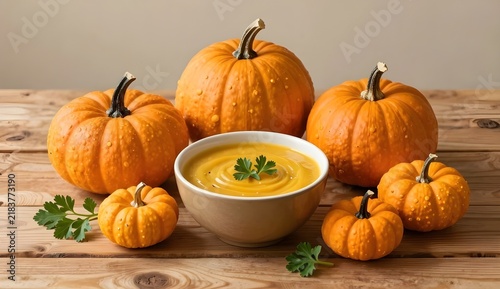 Cozy fall Thanksgiving dinner with hot pumpkin cream soup and fresh orange squash