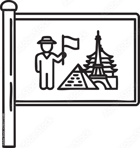 Travel guide or tour leader sign icon with landmark, vacation