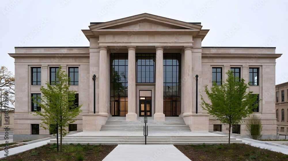 Obraz premium A grand neoclassical building with tall columns large glass and wide stone steps leading to a central entrance