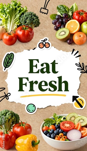 Eat Fresh healthy food vertical poster design with fresh organic vegetables fruit salad and craft paper background