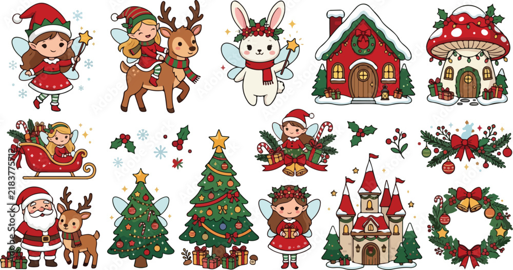 Fototapeta premium A collection of cute christmas themed stickers featuring santa claus reindeer elves and festive decorations on a white background