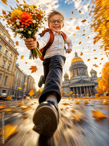 Happy Schoolboy Running with Flower Bouquet in Autumn Saint Petersburg