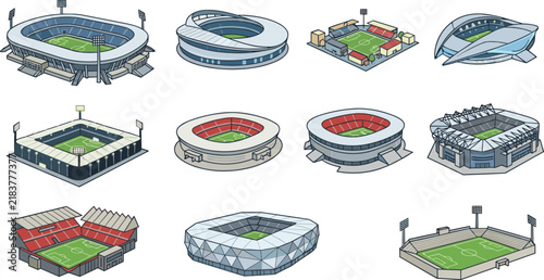 Isometric stadium vector icon collection featuring sports arenas football fields soccer match architecture buildings and structures