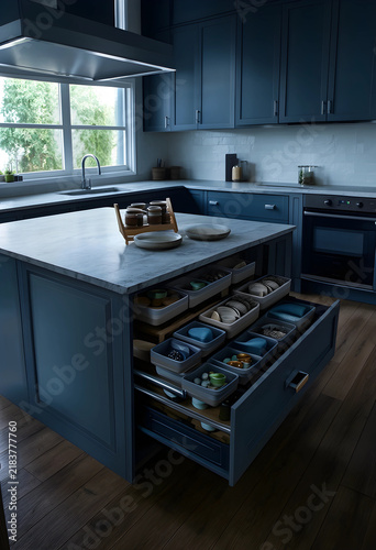 Home organization and kitchen storage  deep drawer with modular containers for tidy culinary tools and accessories in a modern dark blue interior design